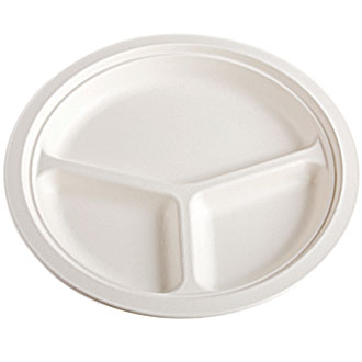 B-RP-103, 3-COMPT PAPER PLATE, 10&quot;, SUGARCANE, BAGASSE, PFAS